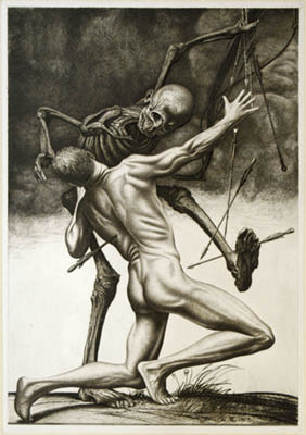 Richard Müller (1874-1954),ein Jahr vor dem 1. Weltkrieg schuf Müller diese
visionäre Blatt,the beaten aggressor, a visionary motif one year before WW 1