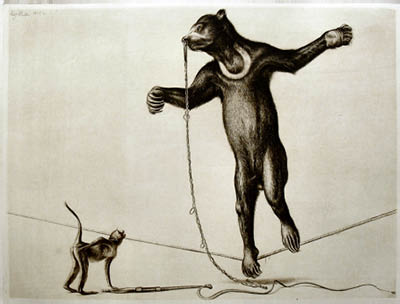 Richard Müller (1874-1954),ein magerer Tanzbär wird von einem kleinen Hundsaffen
angestaunt,a small monkey, absolutely amazed by a thin dancing-bear