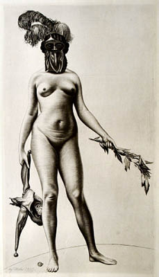 Richard Müller (1874-1954),eine maskierte Schönheit, die die Narrheit oder Ruhm zur
Wahl stellt,Pure symbolism in this motif: folly and fame in the hands of a masked beauty